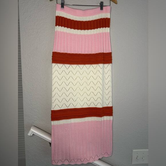Fore Dresses & Skirts - NEW Pink Orange Knit Midi Sweater Skirt Boho Indie Retro Stripe Pencil Y2K